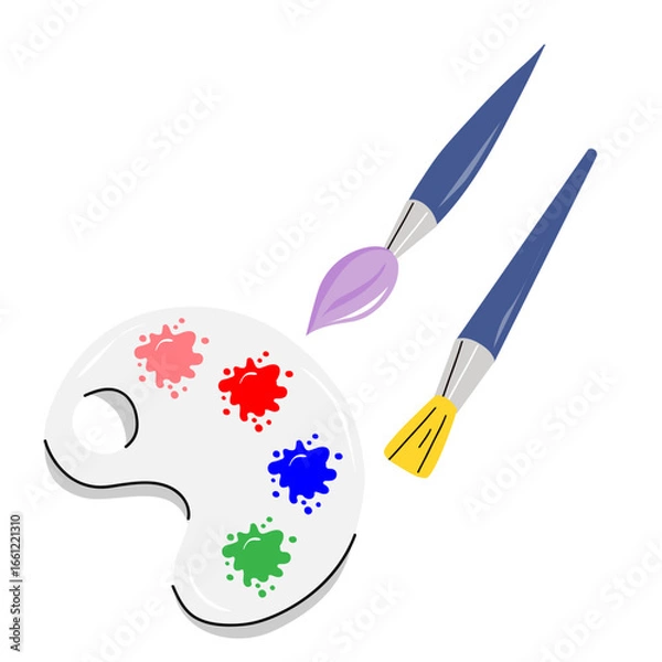 Fototapeta Flat style drawing of an artist’s palette with red, green, blue paint splashes and two paintbrushes for creative painting.  