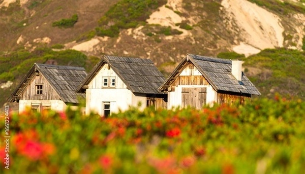 Obraz Abandoned Houses Amidst Colorful Flora in a Serene Landscape