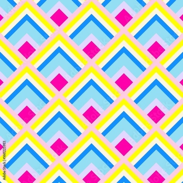 Fototapeta A bold and vibrant seamless pattern featuring a striking geometric design of chevrons and diamonds in a playful, eye-catching color palette.