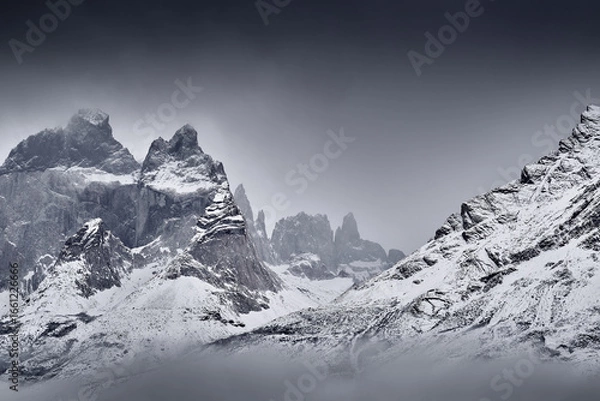 Obraz Winter fog twilight lanscape from Patagonia moutains with snow. Lago Nordenskjold, Torres del Paine National Park, Chile. Pink blue evening sky. Traveling in Chile,  hills in Torres del Paine NP.