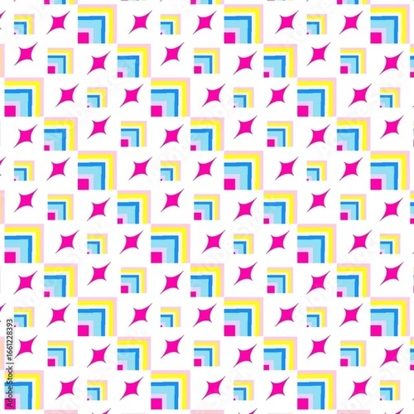 Fototapeta A lively and playful seamless pattern featuring a whimsical mix of bold geometric shapes and vibrant starbursts.