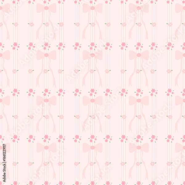 Fototapeta seamless pattern with bow and pink flowers on pink background, fabric pattern, gift wrapping paper, notebook cover, phone case pattern 