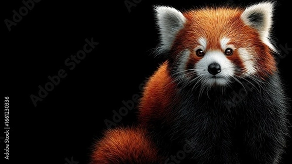 Obraz A furry red and black mammal with white ears sits against a black background, its gaze direct