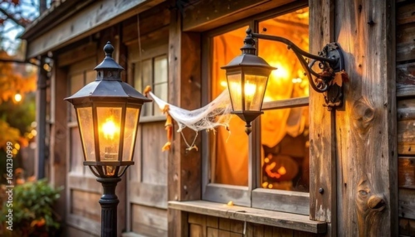 Fototapeta Illuminated Lanterns Decorating Wooden Cabin for Autumn Festivities