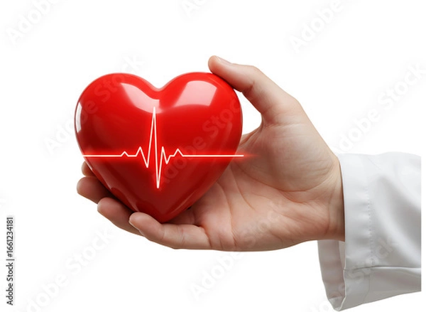 Fototapeta Doctor s hand holding a red heart with electrocardiogram isolated on transparent background