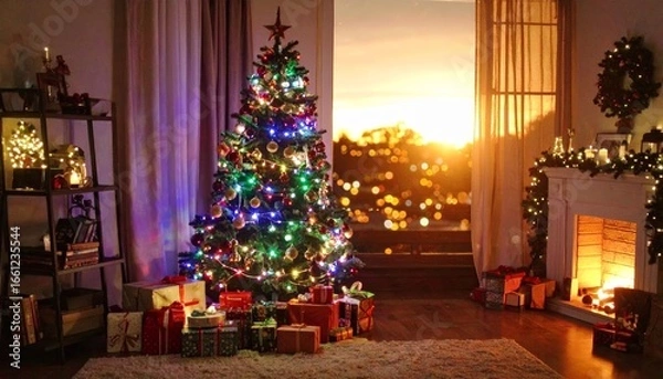 Fototapeta A festive Christmas tree decorated with ornaments and lights stands in a cozy room with presents and gifts by the fireplace