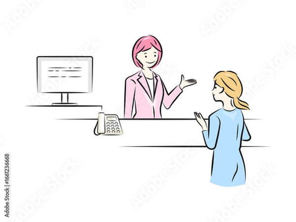 Fototapeta 受付カウンターで接客をするビジネスウーマン｜ビジネスシーン