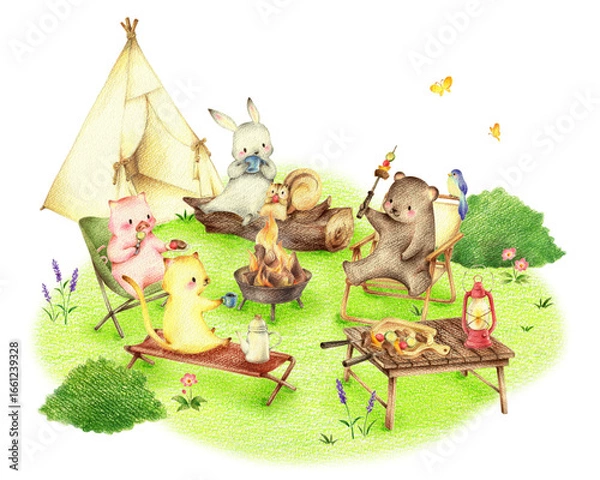 Obraz 緑の野原でキャンプでバーベキューする動物たちとテント　手描き色鉛筆画