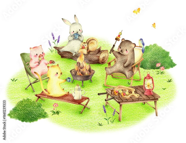 Fototapeta 緑の野原でキャンプでバーベキューする動物たち　手描き色鉛筆画
