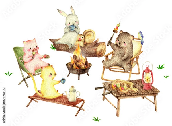 Fototapeta キャンプでバーベキューする動物たち　手描き色鉛筆画