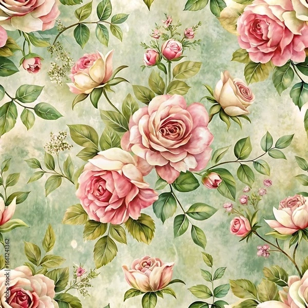 Fototapeta Floral pattern with pink roses and green leaves