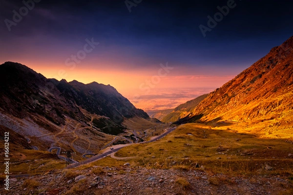 Obraz Golden hour wide angle sunset shot of the Fagaras Mountains, Sibiu, Transylvania, Romania