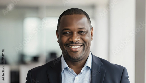 Fototapeta A confident man dressed in a dark suit smiles warmly in a contemporary office environment filled with natural light. The backdrop features soft colors and minimal decor