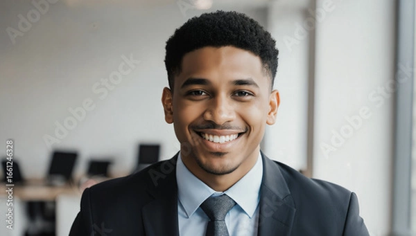 Fototapeta A young man in a suit and tie smiles warmly while standing in a contemporary office space. Natural light filters through large windows, creating an inviting atmosphere