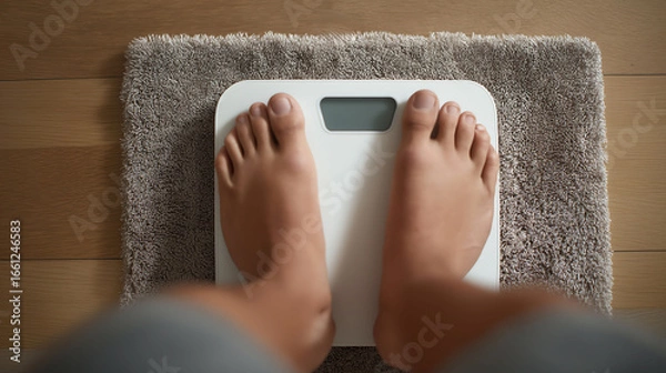 Fototapeta Close up feet of a person standing on scales, weight management at home

