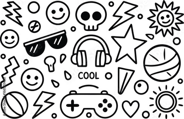 Fototapeta Cool doodle seamless pattern with skull headphones game controller smiley faces sunglasses stars basketball hearts and fun symbols in black and white line art 

