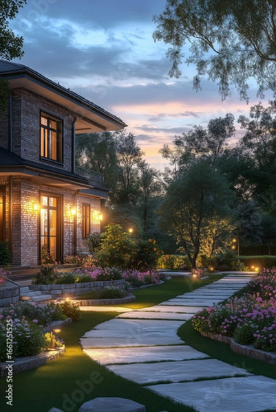 Obraz Modern two-story brick house with large windows and exterior lights glowing warmly at sunset. Contemporary architecture with a spacious terrace and elegant design, perfect for real estate, constructio