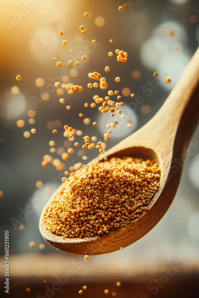 Obraz Wooden spoon with golden granules falling in sunlight, symbolizing eco wellness, superfood, and holistic natural nutrition. Perfect for organic lifestyle and health visuals