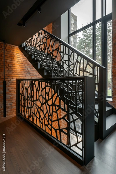 Obraz Modern staircase with black metal railing and wooden steps inside a stylish loft interior. Contemporary architectural detail combining industrial and minimalistic design
