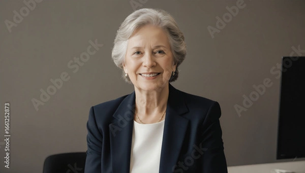 Fototapeta A confident woman with short gray hair is seated at a contemporary office desk. She exudes professionalism while smiling warmly at the camera. The background features neutral tones and minimal decor