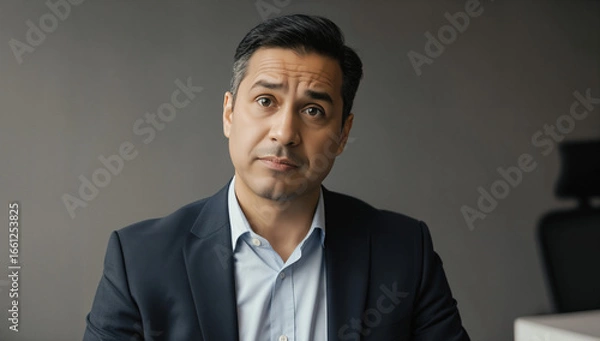 Fototapeta A man dressed in a dark suit and light shirt sits at a desk, looking directly with a focused expression. It appears he is discussing important matters in a modern office environment