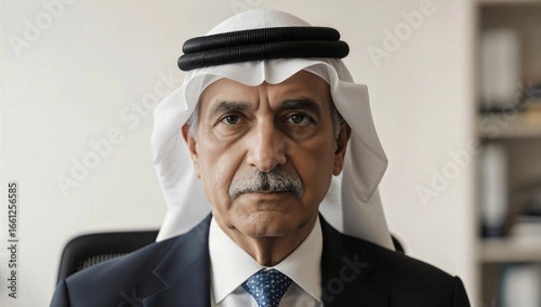 Fototapeta A business leader dressed in formal attire and headscarf sits in an office, focusing intently as he prepares for an important meeting with colleagues later in the day
