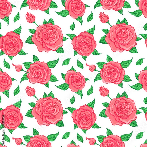 Fototapeta Red Roses over white background. Seamless elegant vintage floral pattern. Design for fabric, textile, wrapping paper, wallpaper, wedding concept.