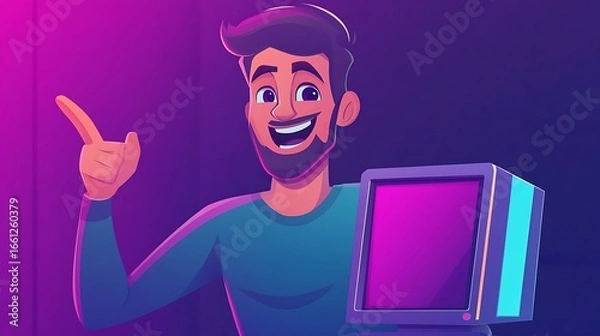 Obraz Man holding retro tv happy expression