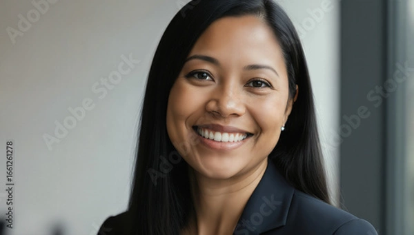 Fototapeta A woman with long black hair smiles warmly while wearing a dark blazer. She is in a modern office with large windows, enjoying natural light during the day