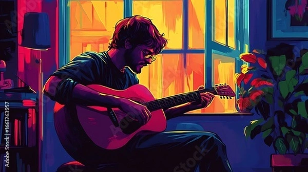 Obraz Man playing guitar by window