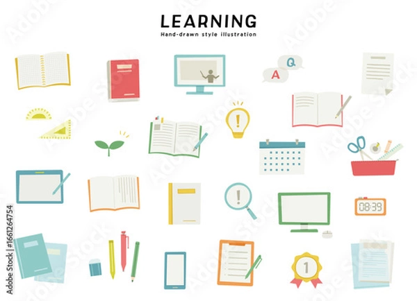 Obraz 学習　教育　学び　学校　勉強　手描き風　イラスト　セット　学業　成長　ノート　タブレット　文房具