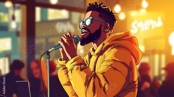 Obraz Man singing into microphone in cafe