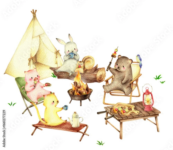 Fototapeta キャンプでバーベキューする動物たち　手描き色鉛筆画