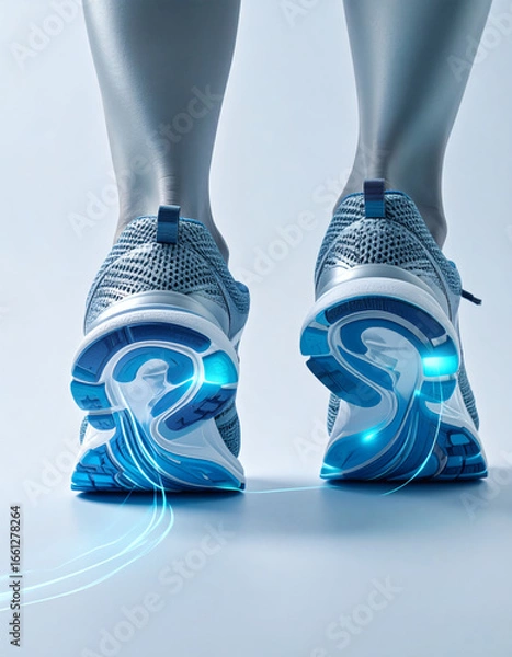Fototapeta Close-up view of a person's feet in athletic running shoes with glowing blue accents, emphasizing movement and energy.