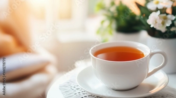 Fototapeta Relaxing moment with a steaming cup of tea beside blooming flowers in a cozy setting
