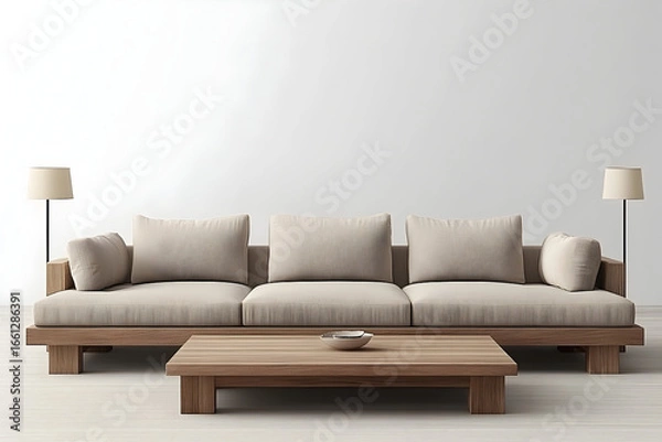 Fototapeta Modern low wooden sofa with beige cushions and coffee table