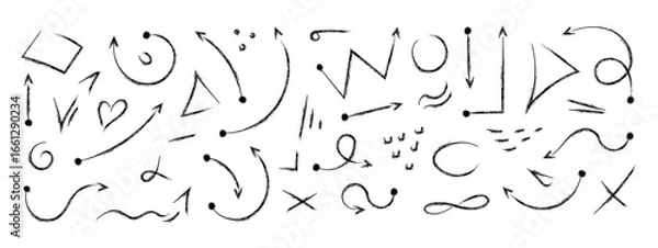 Fototapeta Squiggly arrow, chalk doodle set of various arrow shapes, lines, symbols and scribble icons. Hand drawn crayon black vector line fun playful bounce elements, jump thick motion design, movement symbol