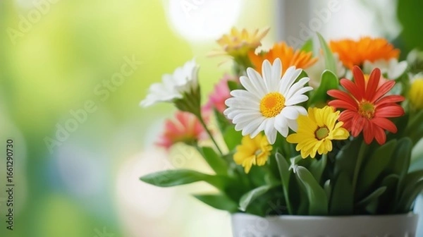 Fototapeta Bright and cheerful bouquet of daisies and other flowers arranged in a vase on a sunny day