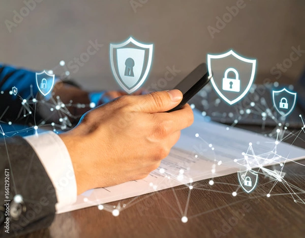 Fototapeta Business Manager Analyzing Network Security Insights on Smartphone