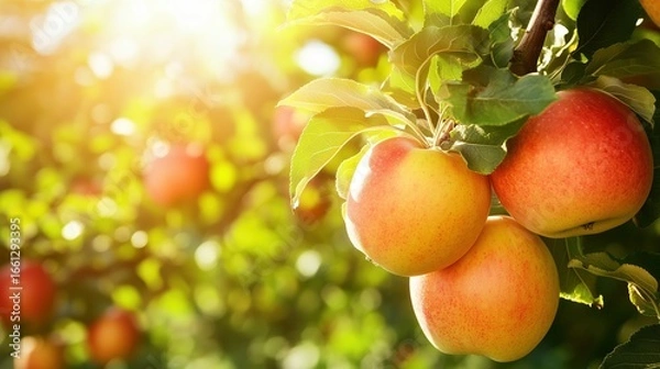 Fototapeta Fresh apples ripening on tree branches in sunlight during autumn harvest season