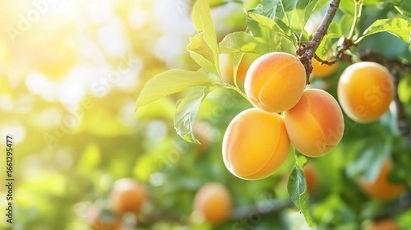 Fototapeta Fresh apricots hanging on a tree branch in the sunlight during summer season