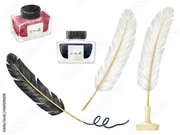 Obraz 水彩画風の羽根ペンとインクの文房具セット