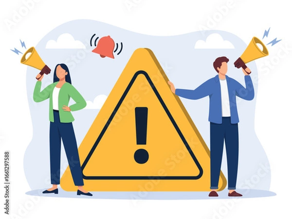 Obraz Important announcement, attention or warning information concept. Business people announce on megaphone with attention exclamation. Breaking news or urgent message communication. Vector illustration.