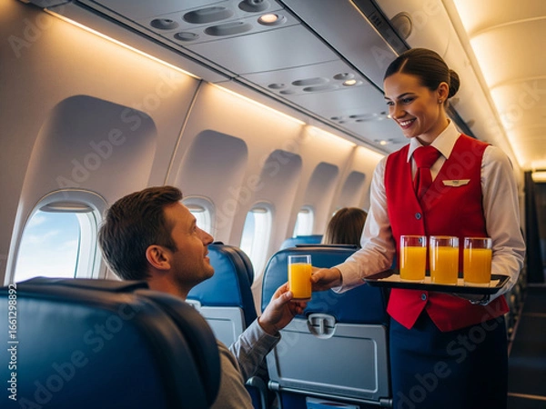 Obraz Friendly flight attendant serves refreshing drinks to airplane passengers.