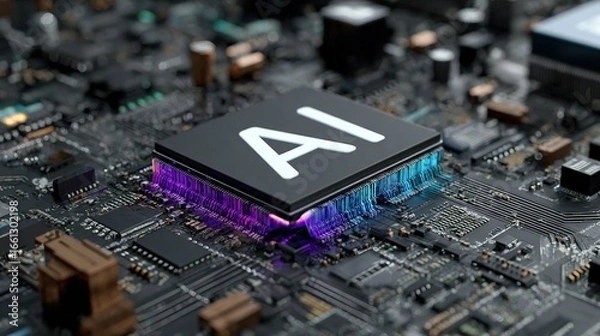Fototapeta  AI Processor Chip with Vibrant Purple-Blue Circuitry on Motherboard