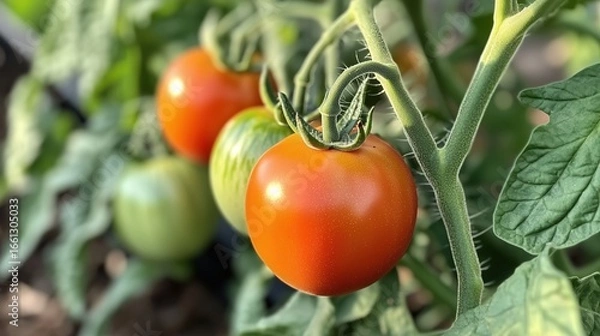 Fototapeta Ripe tomatoes growing on a vine in a garden under bright sunlight during the summer