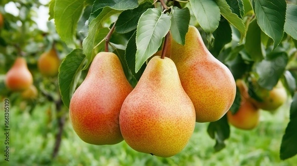 Fototapeta Fresh ripe pears hanging on tree branches in a lush orchard during sunny day