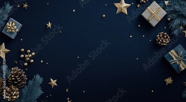 Fototapeta Festive Christmas arrangement on navy blue background.  Gold stars, pinecones, and small gift boxes decorate the borders of a dark navy blue surface, scattered with gold glitter