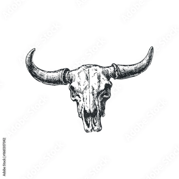 Fototapeta Hand Drawn Sketch of a Bull Skull with Long Curved Horns