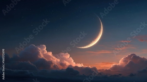 Fototapeta Crescent moon over twilight clouds